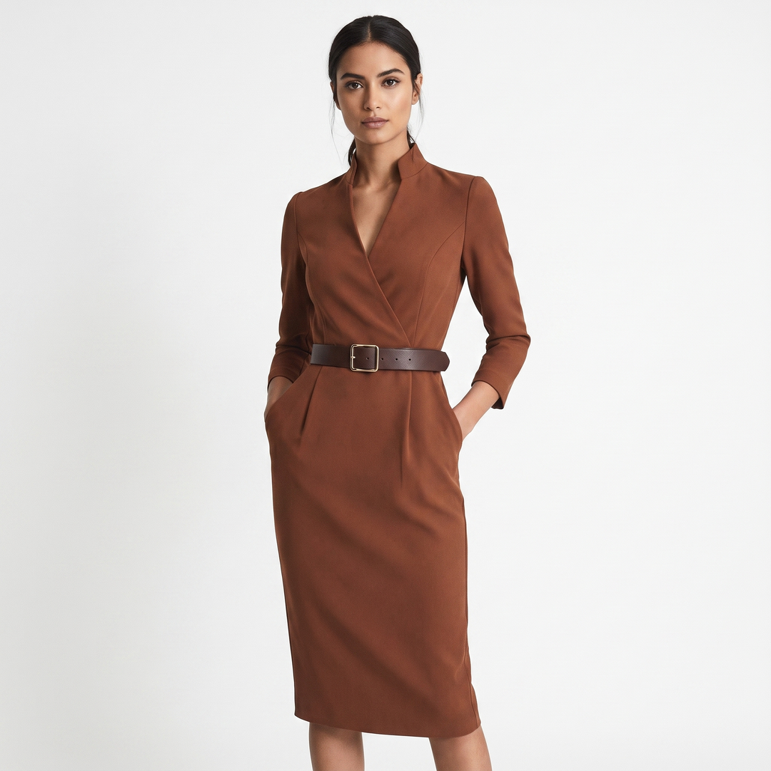 Women's Belted Pencil Midi Dress Long Sleeve V-Neck Smart Work Office Dress