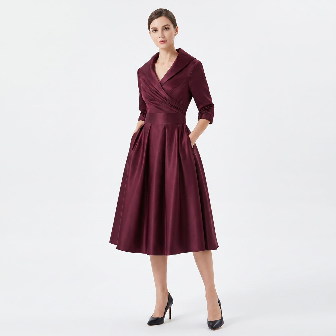 Women's Satin A-Line Midi Dress 3/4 Sleeve Wrap V-Neck Formal Swing Dress