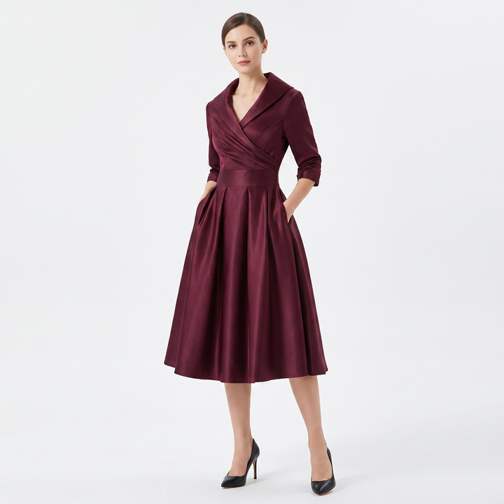 Women's Satin A-Line Midi Dress 3/4 Sleeve Wrap V-Neck Formal Swing Dress