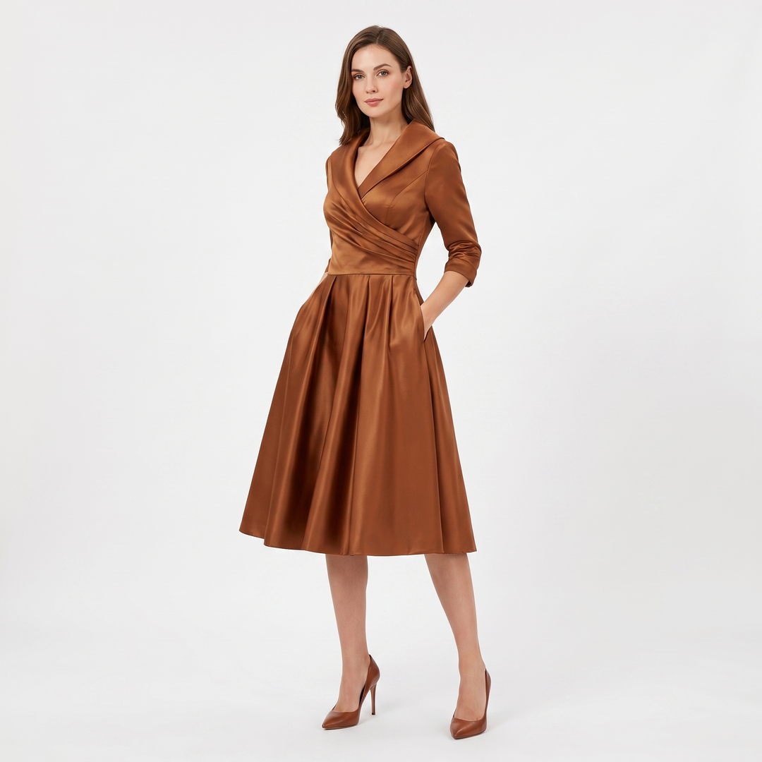 Women's Satin A-Line Midi Dress 3/4 Sleeve Wrap V-Neck Formal Swing Dress