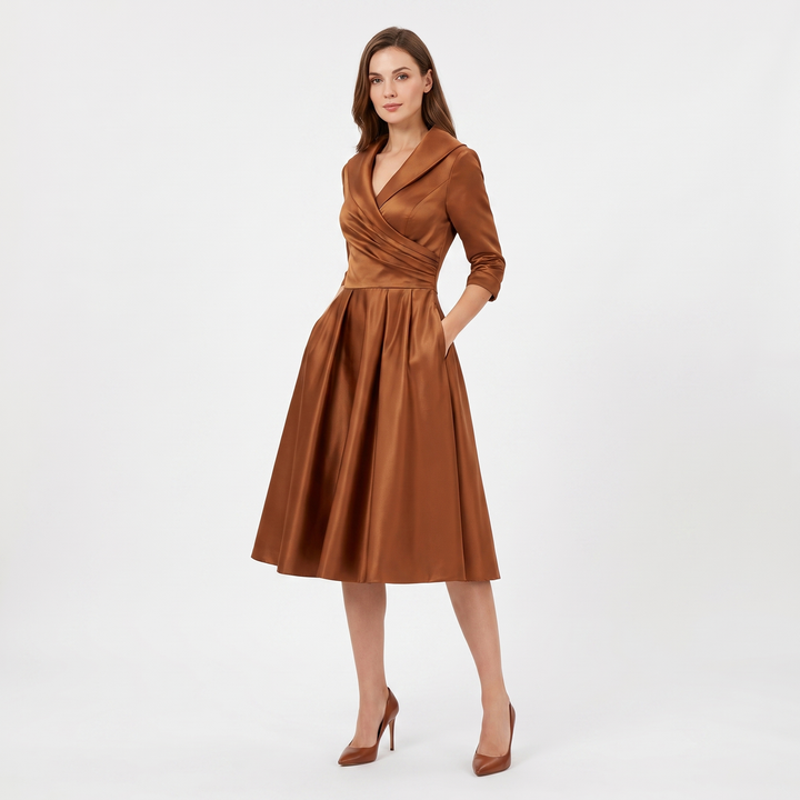 Women's Satin A-Line Midi Dress 3/4 Sleeve Wrap V-Neck Formal Swing Dress