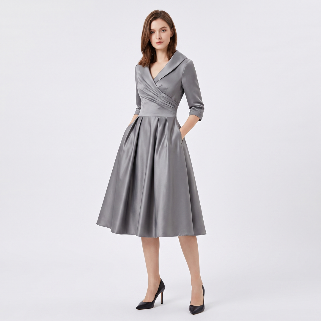 Women's Satin A-Line Midi Dress 3/4 Sleeve Wrap V-Neck Formal Swing Dress
