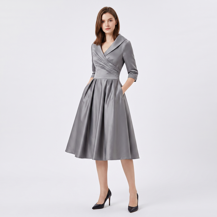 Women's Satin A-Line Midi Dress 3/4 Sleeve Wrap V-Neck Formal Swing Dress