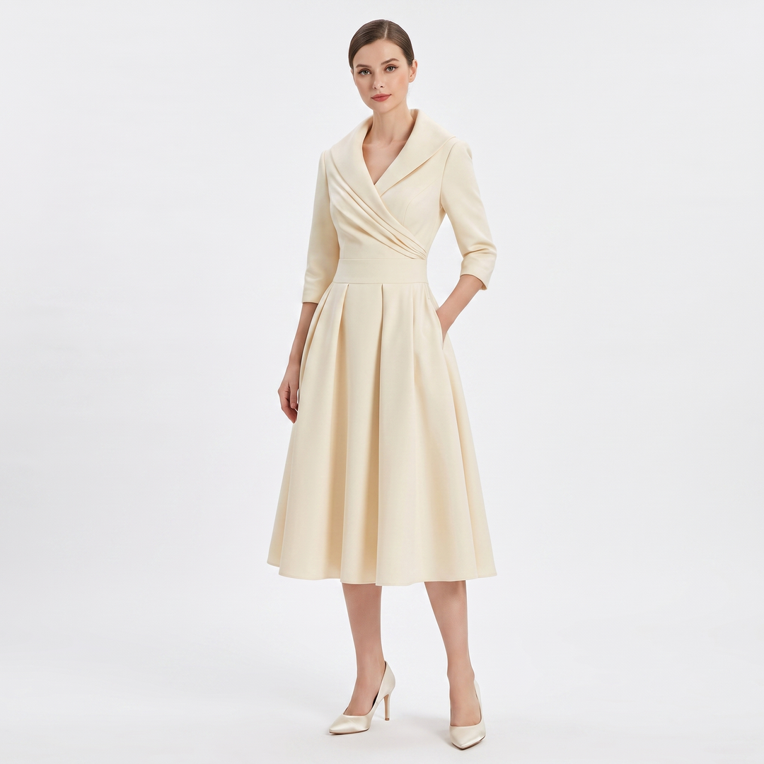 Women's Satin A-Line Midi Dress 3/4 Sleeve Wrap V-Neck Formal Swing Dress