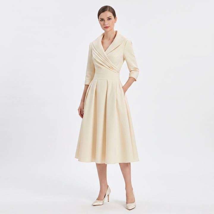 Women's Satin A-Line Midi Dress 3/4 Sleeve Wrap V-Neck Formal Swing Dress