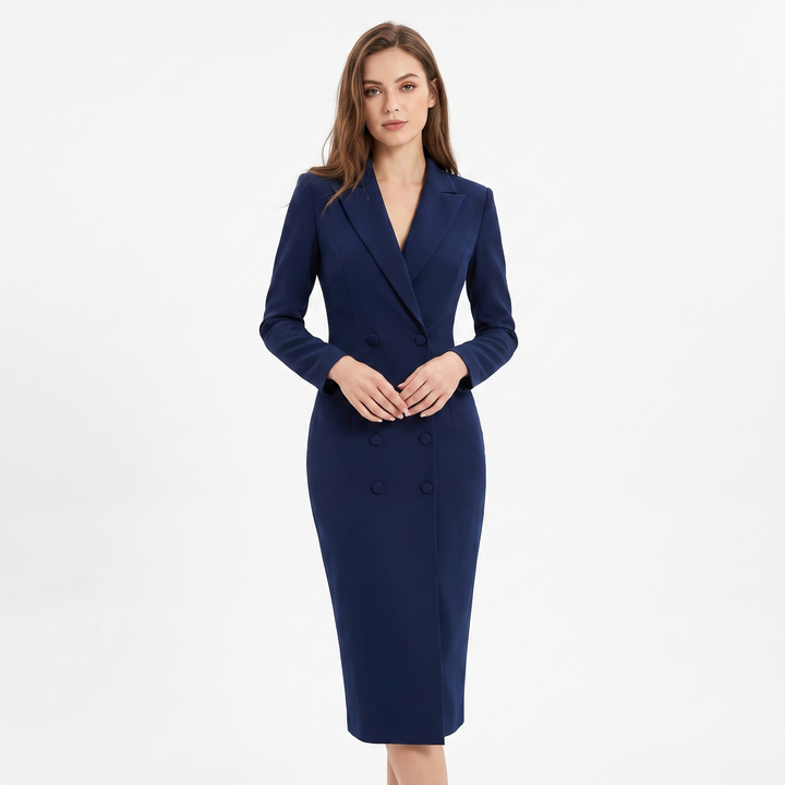 Women's Double Breasted Blazer Dress Long Sleeve Tailored Pencil Midi Dress