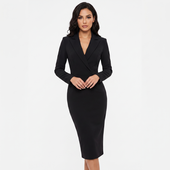 Women's Double Breasted Blazer Dress Long Sleeve Tailored Pencil Midi Dress