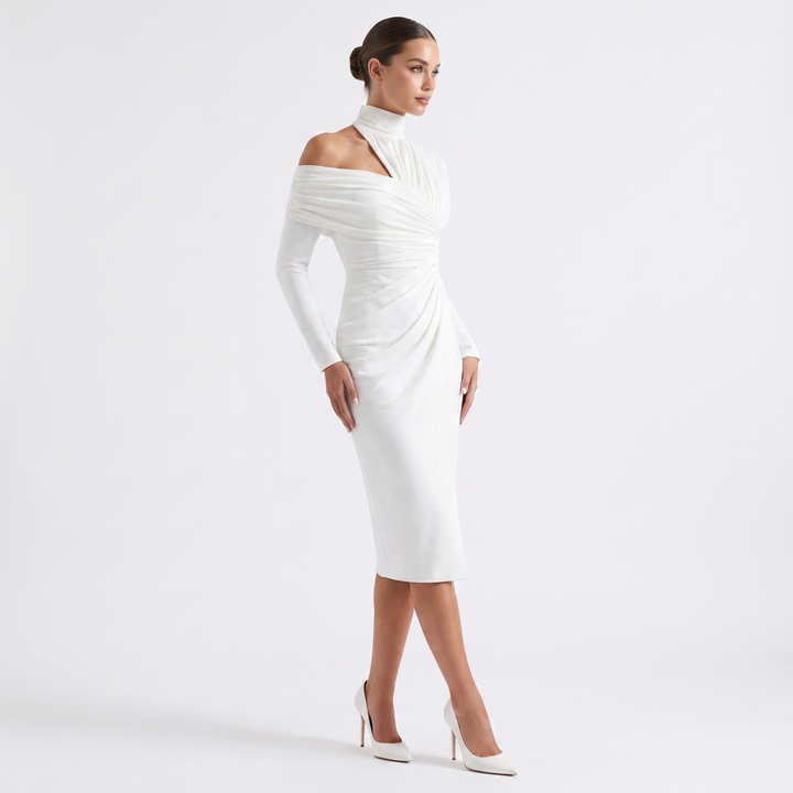 Women's Ruched Asymmetric Off Shoulder Midi Dress Long Sleeve High Neck Bodycon