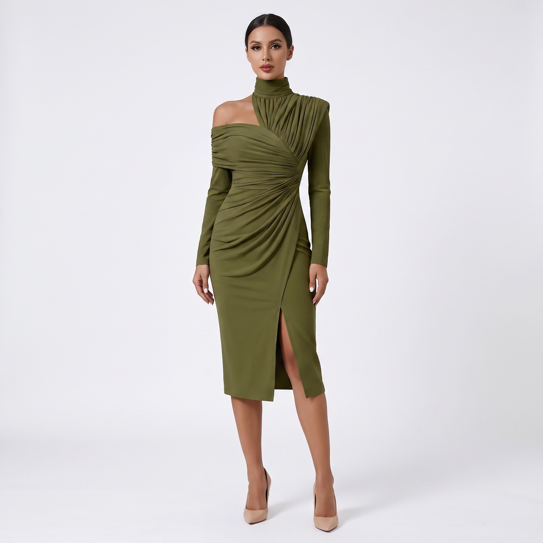 Women's Ruched Asymmetric Off Shoulder Midi Dress Long Sleeve High Neck Bodycon