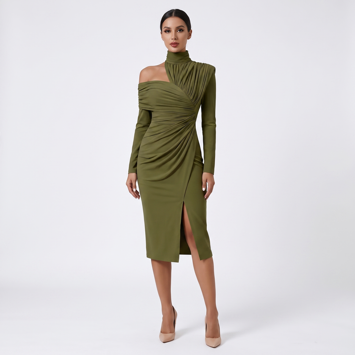 Women's Ruched Asymmetric Off Shoulder Midi Dress Long Sleeve High Neck Bodycon
