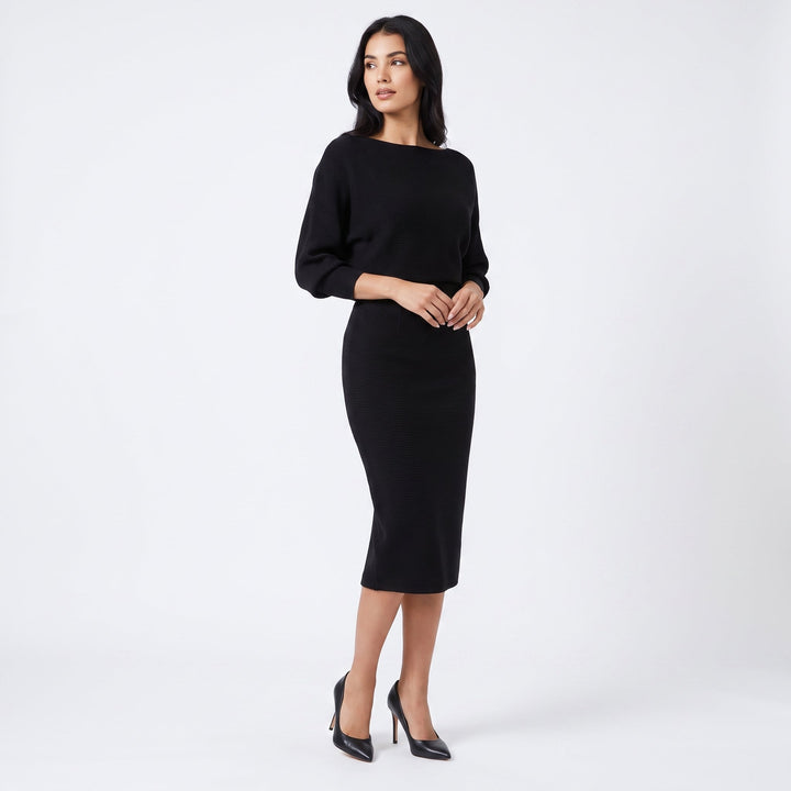 Women's Knit Batwing Sleeve Bodycon Midi Dress Cowl Neck Fitted Sweater Dress