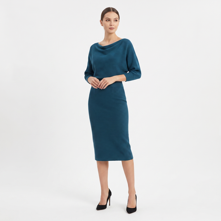 Women's Knit Batwing Sleeve Bodycon Midi Dress Cowl Neck Fitted Sweater Dress