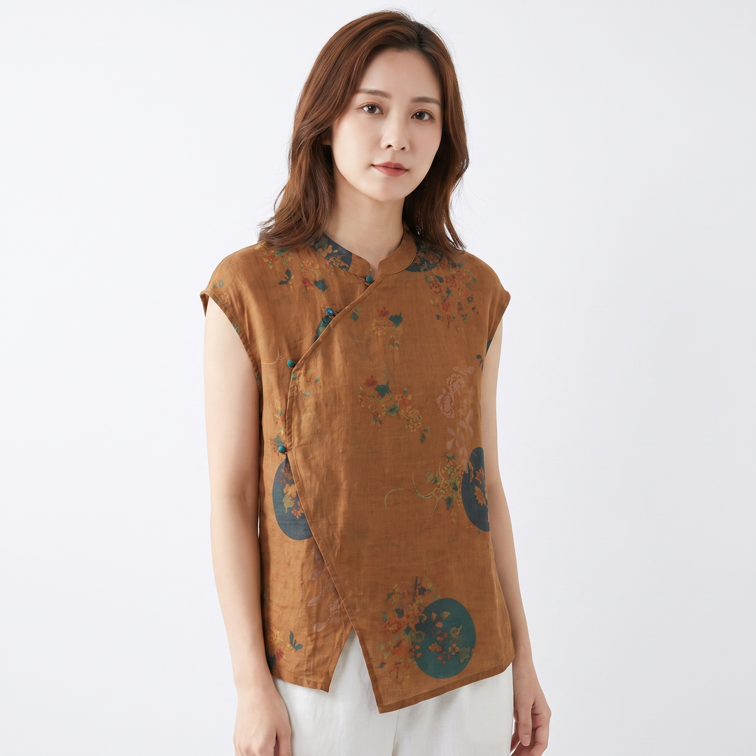 Women's Floral Print Linen Sleeveless Blouse Mandarin Collar Asymmetric Button Top