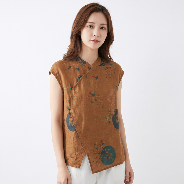 Women's Floral Print Linen Sleeveless Blouse Mandarin Collar Asymmetric Button Top