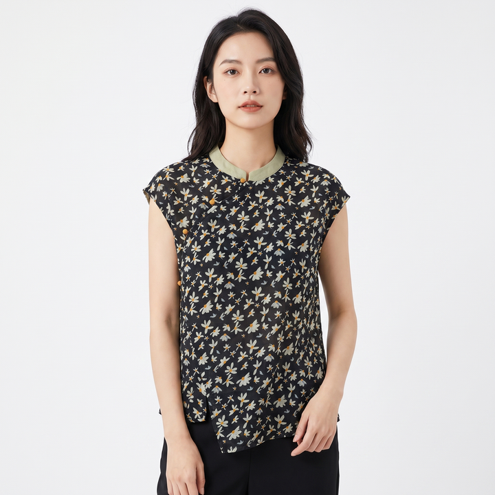Women's Floral Print Linen Sleeveless Blouse Mandarin Collar Asymmetric Button Top
