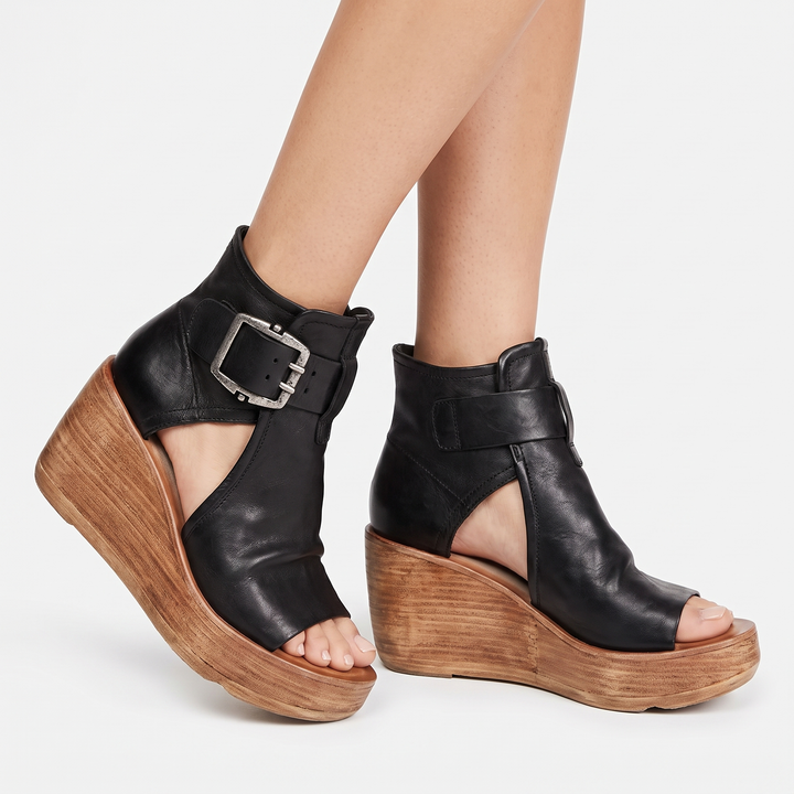 Women's Wedge Sandal Boots Open Toe Double Buckle Ankle Leather Platform Booties