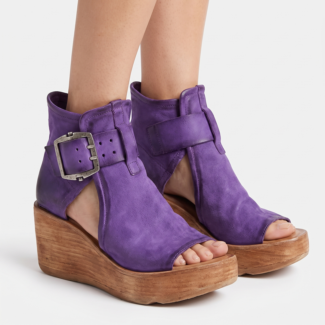 Women's Wedge Sandal Boots Open Toe Double Buckle Ankle Leather Platform Booties