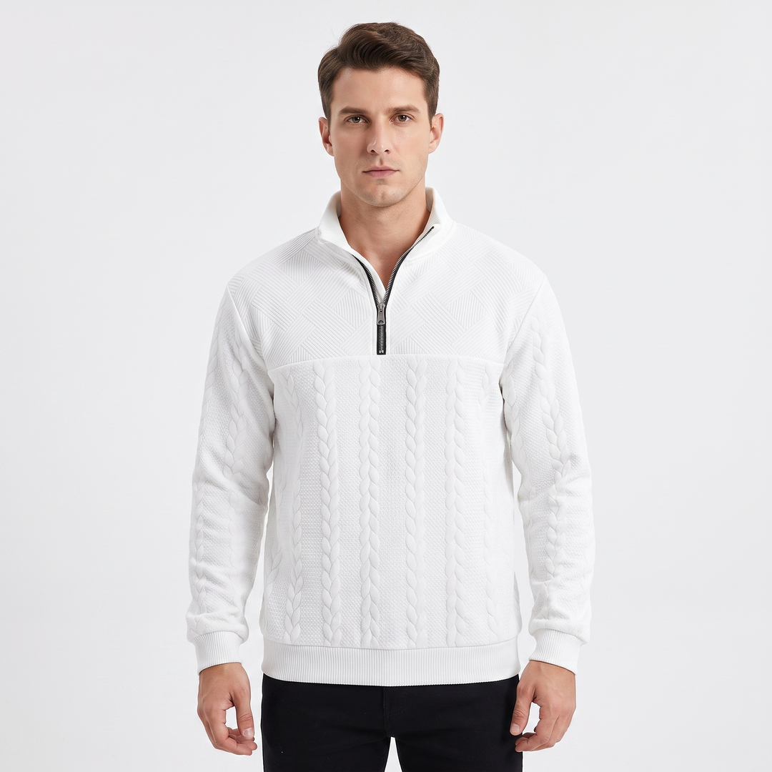 Men's Quarter Zip Sweatshirt Cable Knit Texture Stand Collar Casual Pullover Top