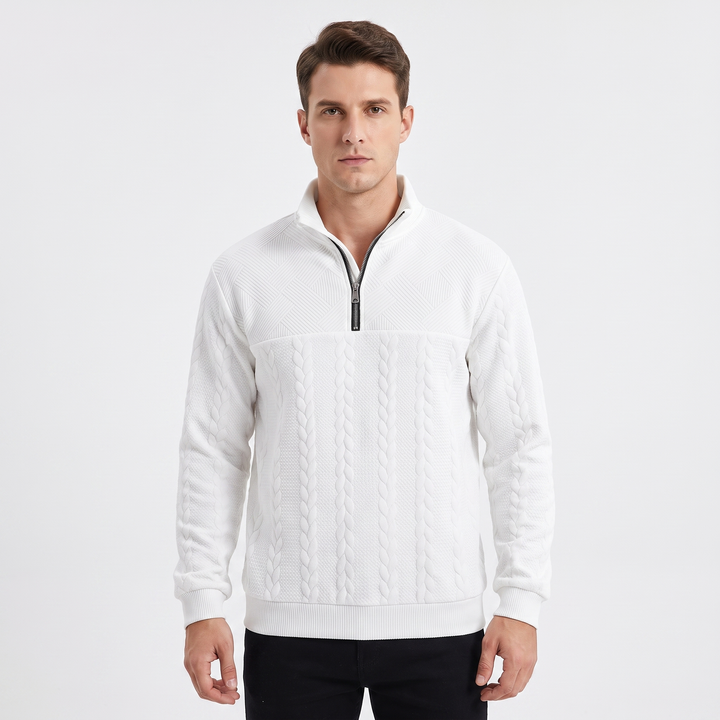 Men's Quarter Zip Sweatshirt Cable Knit Texture Stand Collar Casual Pullover Top