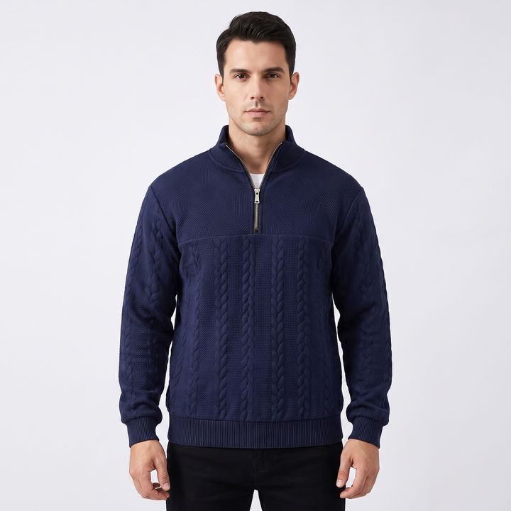 Men's Quarter Zip Sweatshirt Cable Knit Texture Stand Collar Casual Pullover Top