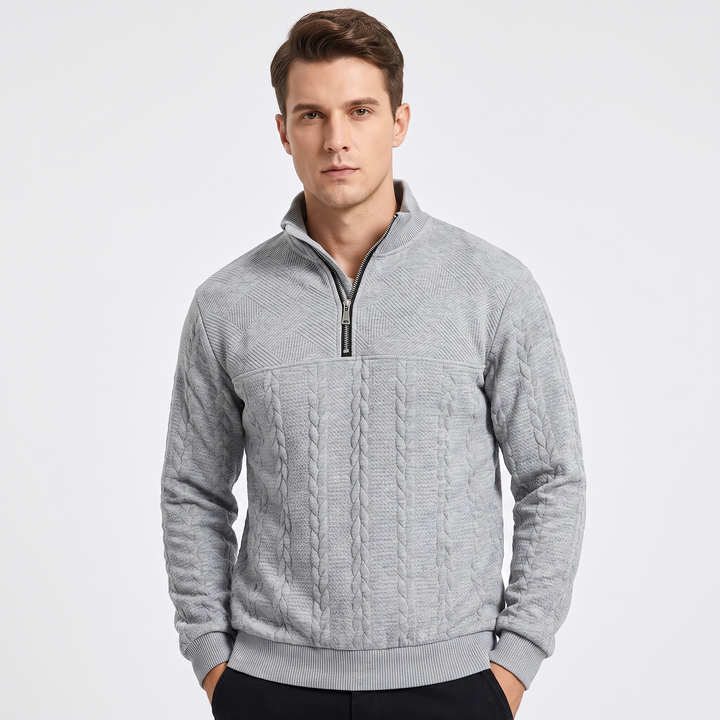 Men's Quarter Zip Sweatshirt Cable Knit Texture Stand Collar Casual Pullover Top