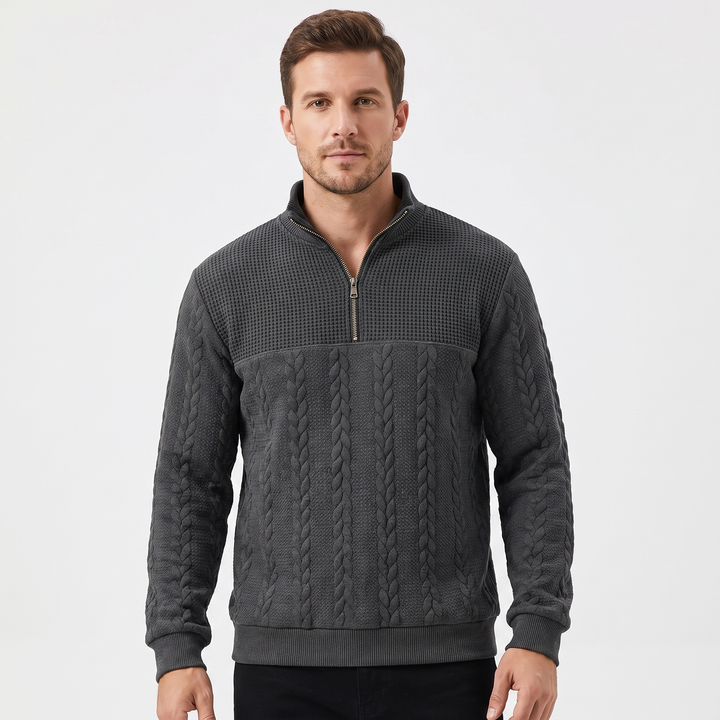 Men's Quarter Zip Sweatshirt Cable Knit Texture Stand Collar Casual Pullover Top