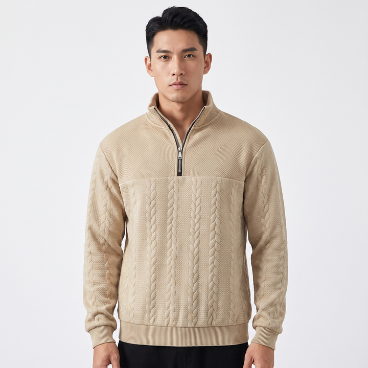 Men's Quarter Zip Sweatshirt Cable Knit Texture Stand Collar Casual Pullover Top