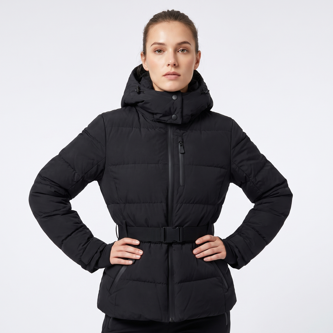 Women's Hooded Puffer Jacket Belted Padded Winter Coat Insulated Outerwear