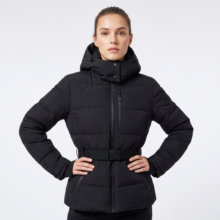 Women's Hooded Puffer Jacket Belted Padded Winter Coat Insulated Outerwear