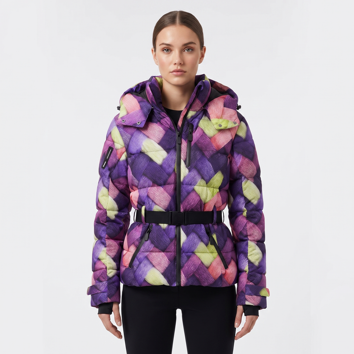 Women's Hooded Puffer Jacket Belted Padded Winter Coat Insulated Outerwear