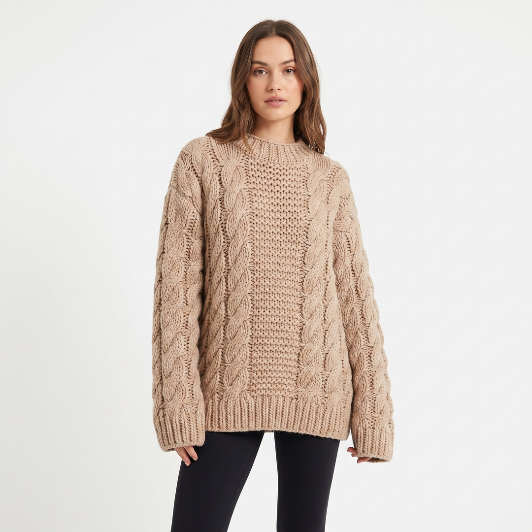 Women's Chunky Cable Knit Oversized Sweater Turtleneck Batwing Sleeve Pullover