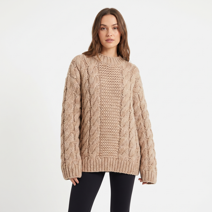 Women's Chunky Cable Knit Oversized Sweater Turtleneck Batwing Sleeve Pullover