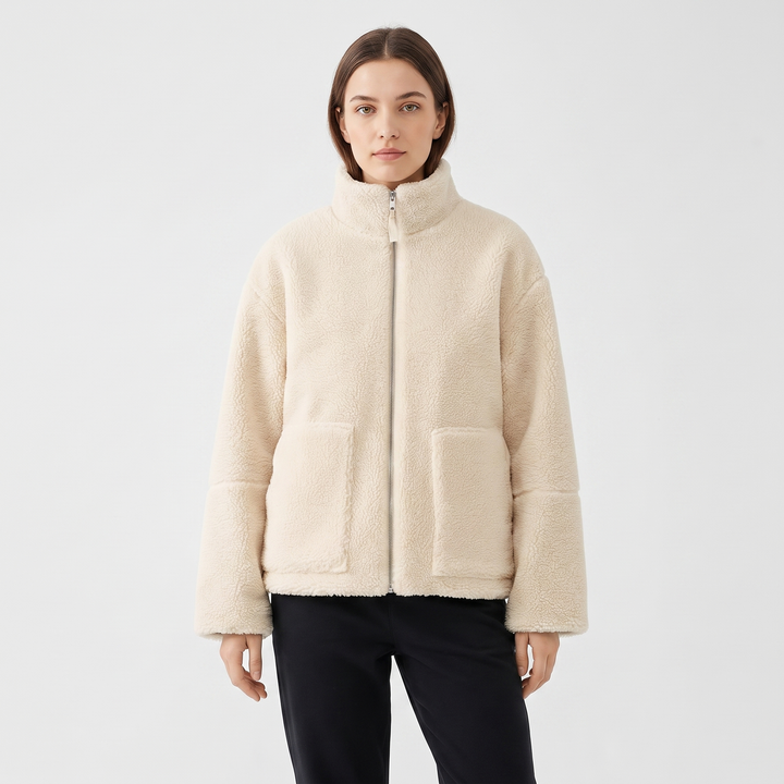 Women's Sherpa Fleece Zip Up Jacket Stand Collar Oversized Warm Winter Coat