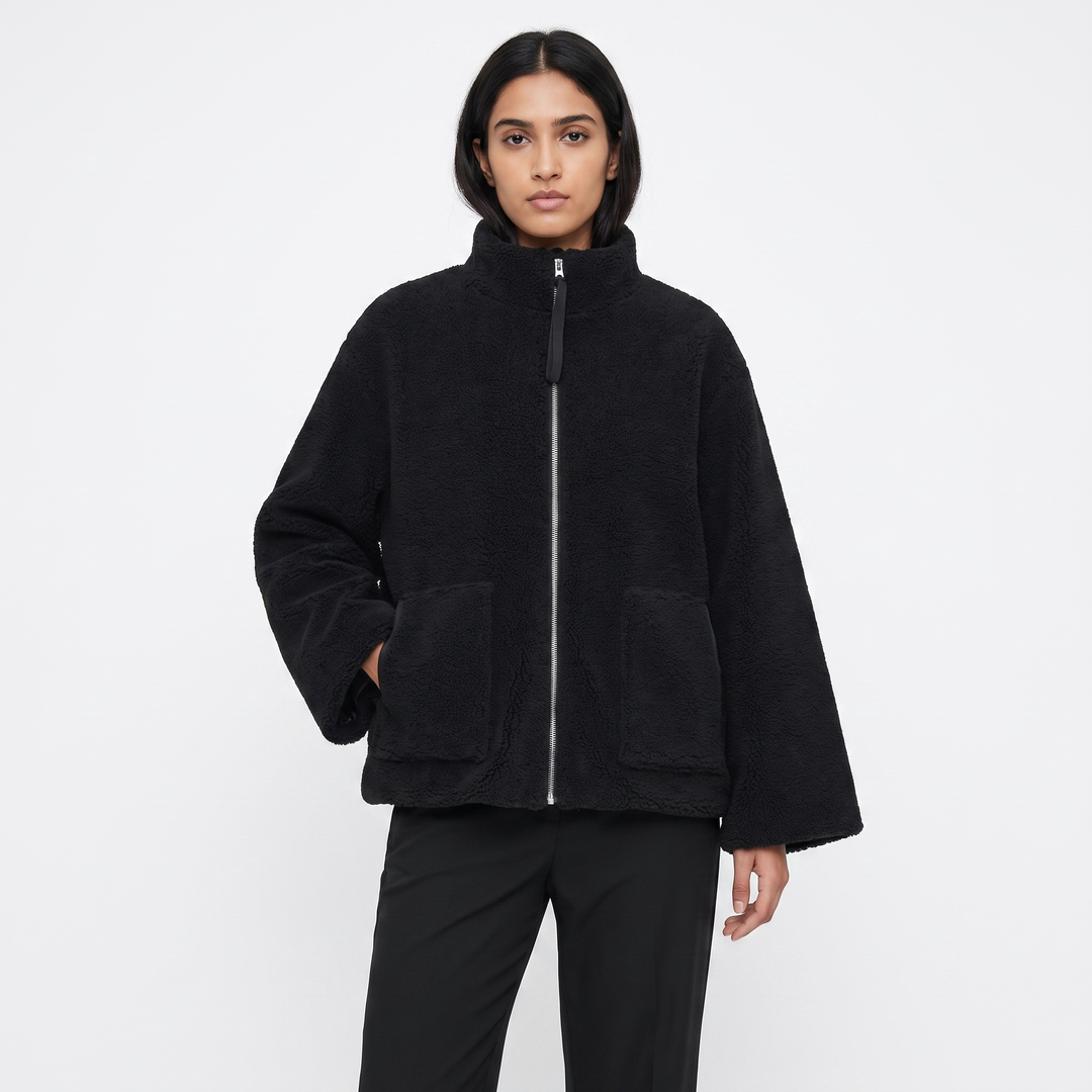 Women's Sherpa Fleece Zip Up Jacket Stand Collar Oversized Warm Winter Coat