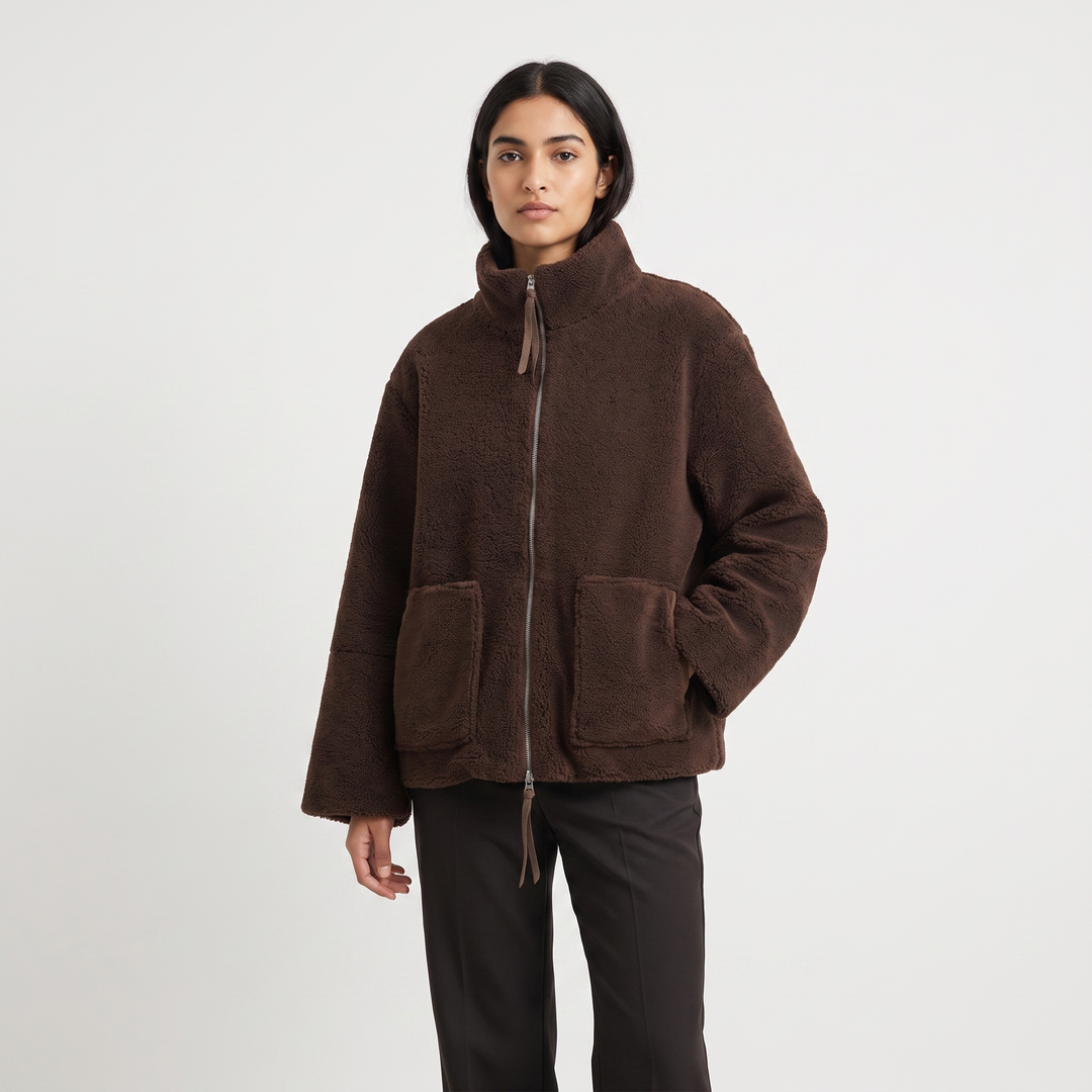 Women's Sherpa Fleece Zip Up Jacket Stand Collar Oversized Warm Winter Coat