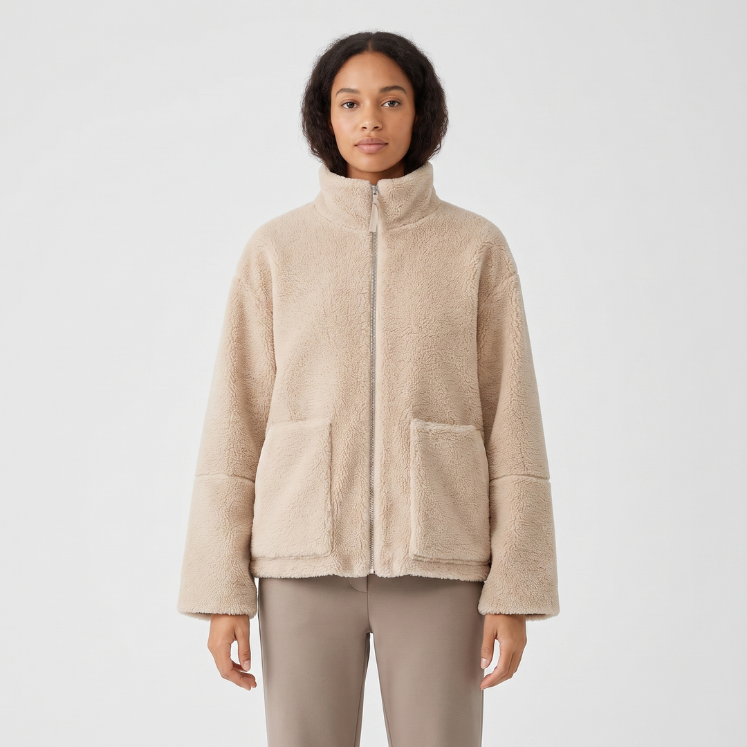 Women's Sherpa Fleece Zip Up Jacket Stand Collar Oversized Warm Winter Coat