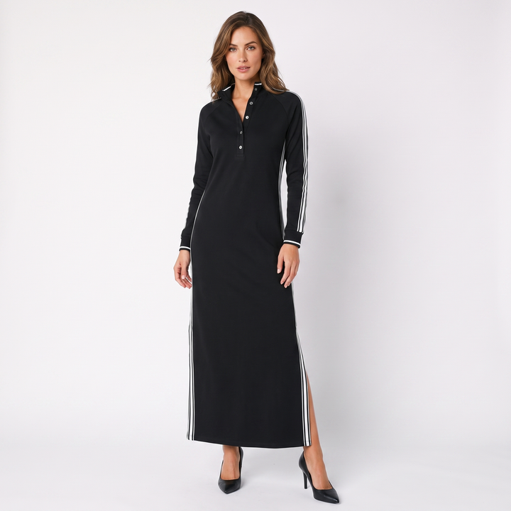 Women's Sporty Stripe Maxi Dress Stand Collar Long Sleeve Button Placket Casual Dress