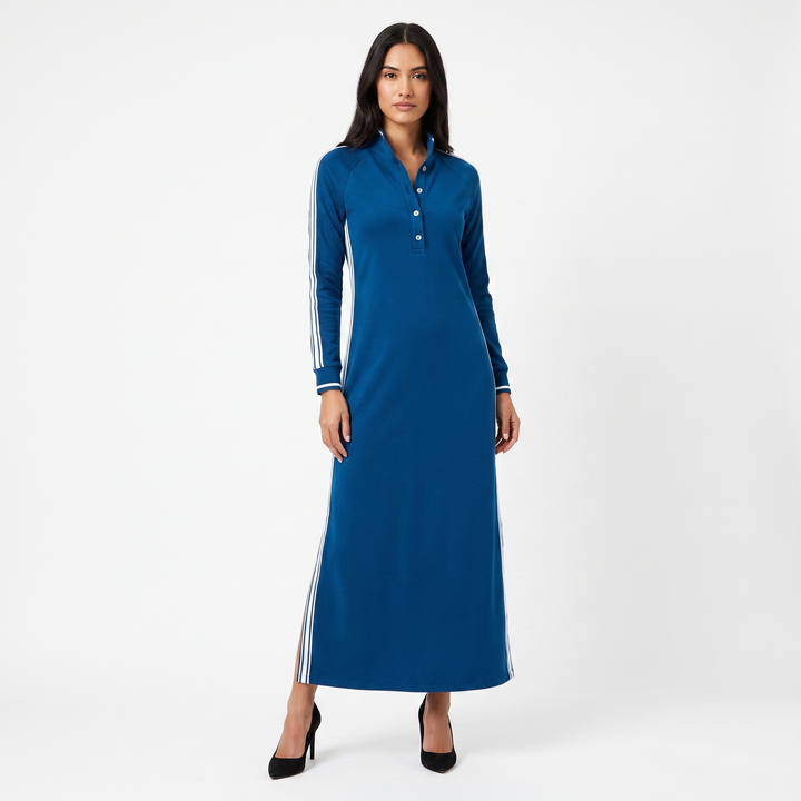 Women's Sporty Stripe Maxi Dress Stand Collar Long Sleeve Button Placket Casual Dress
