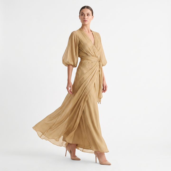 Women's Chiffon Wrap Maxi Dress Deep V-Neck Batwing Sleeve Draped Formal Evening Dress