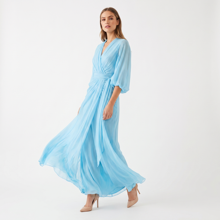 Women's Chiffon Wrap Maxi Dress Deep V-Neck Batwing Sleeve Draped Formal Evening Dress