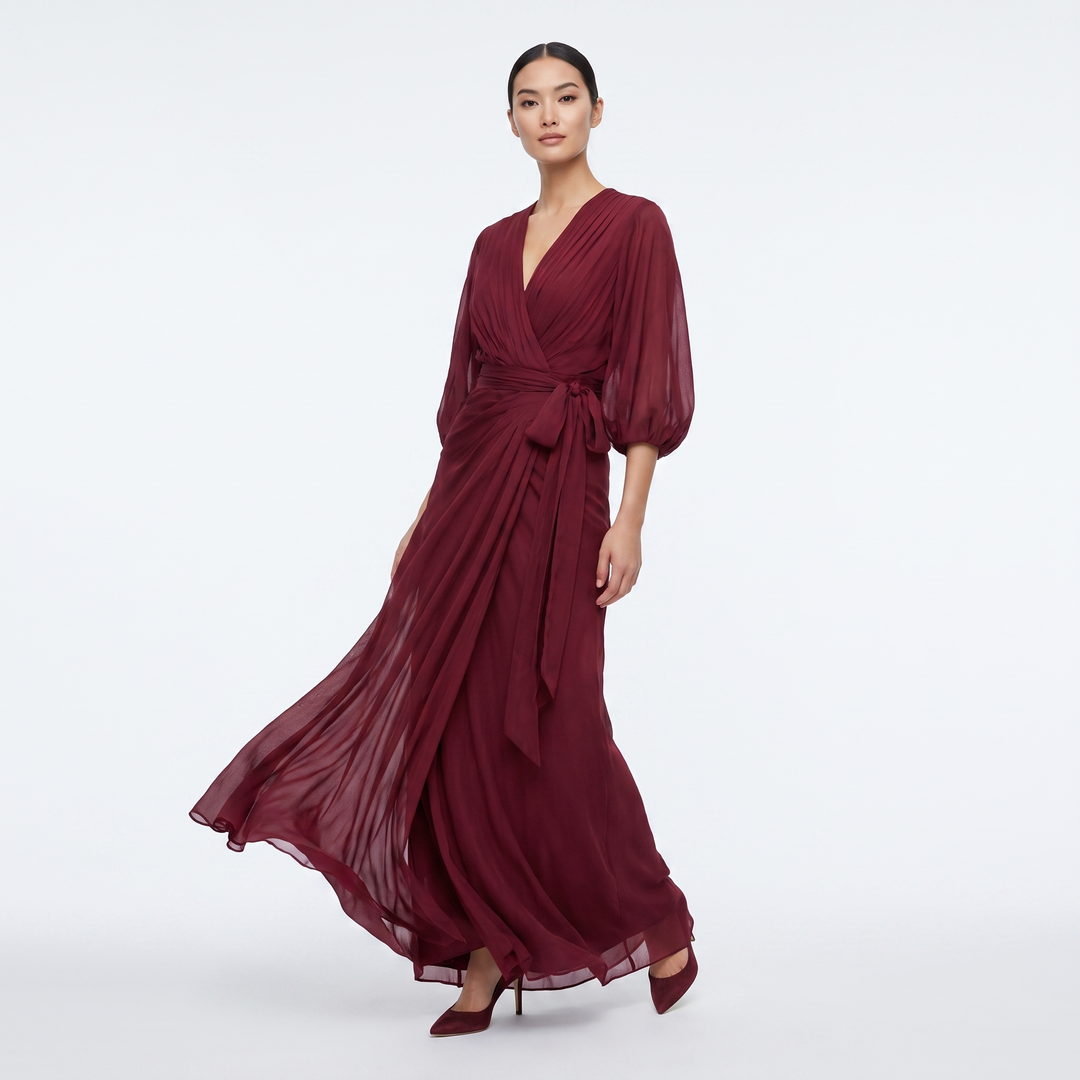 Women's Chiffon Wrap Maxi Dress Deep V-Neck Batwing Sleeve Draped Formal Evening Dress
