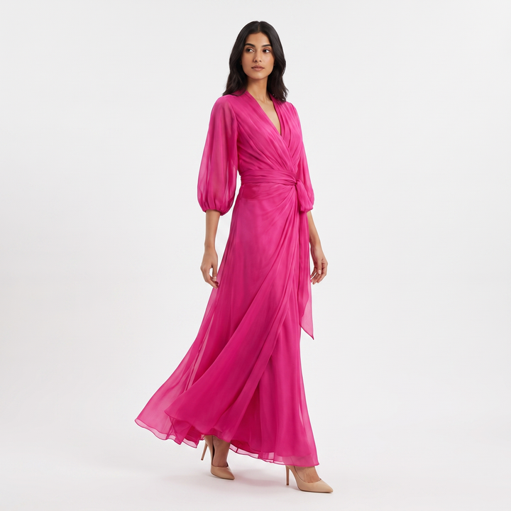 Women's Chiffon Wrap Maxi Dress Deep V-Neck Batwing Sleeve Draped Formal Evening Dress