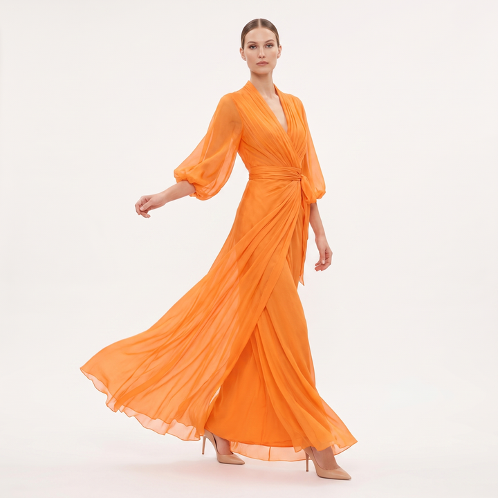 Women's Chiffon Wrap Maxi Dress Deep V-Neck Batwing Sleeve Draped Formal Evening Dress
