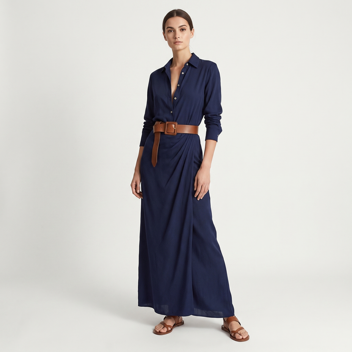 Women's Long Sleeve Wrap Maxi Dress Deep V-Neck Belted Shirt Dress