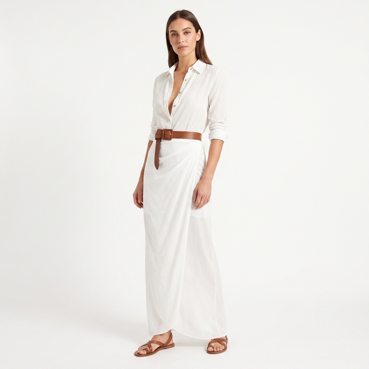 Women's Long Sleeve Wrap Maxi Dress Deep V-Neck Belted Shirt Dress