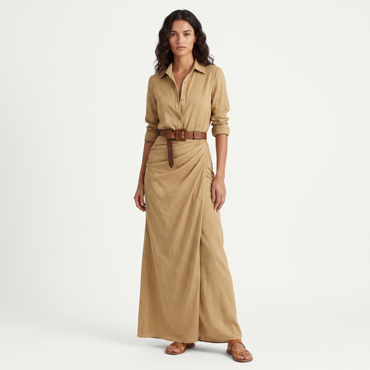 Women's Long Sleeve Wrap Maxi Dress Deep V-Neck Belted Shirt Dress