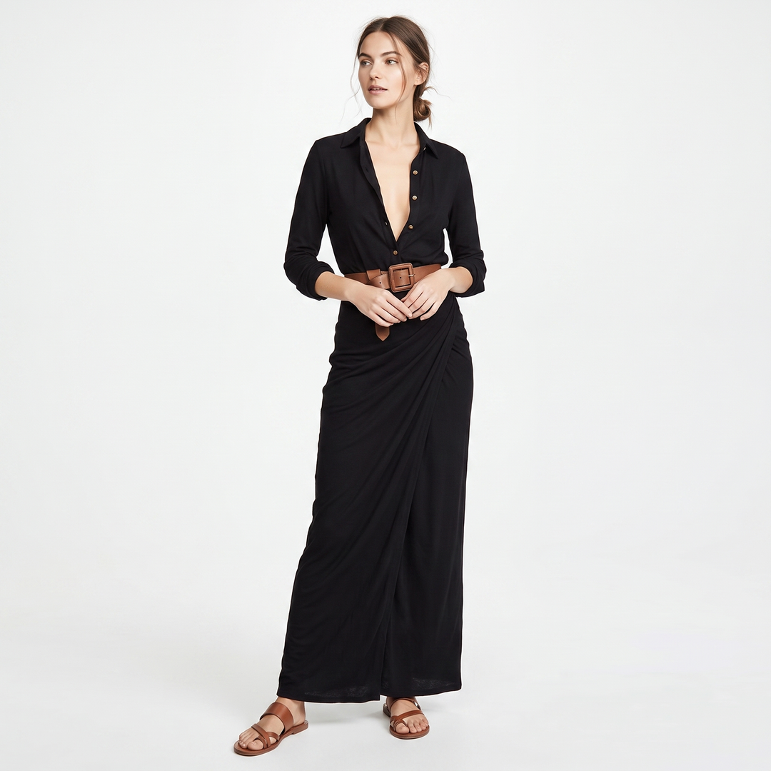 Women's Long Sleeve Wrap Maxi Dress Deep V-Neck Belted Shirt Dress