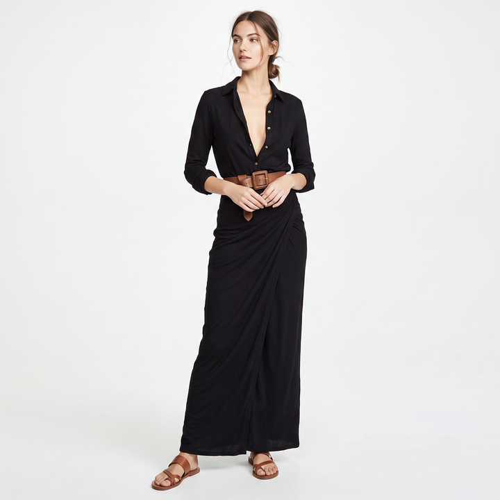 Women's Long Sleeve Wrap Maxi Dress Deep V-Neck Belted Shirt Dress