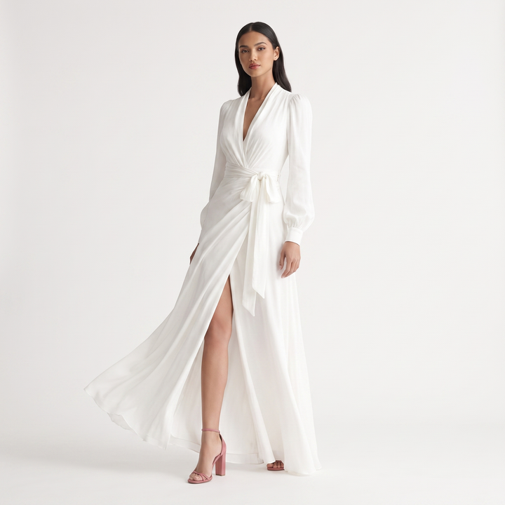 Women's Chiffon Wrap Maxi Dress Long Sleeve Deep V-Neck Formal Gown