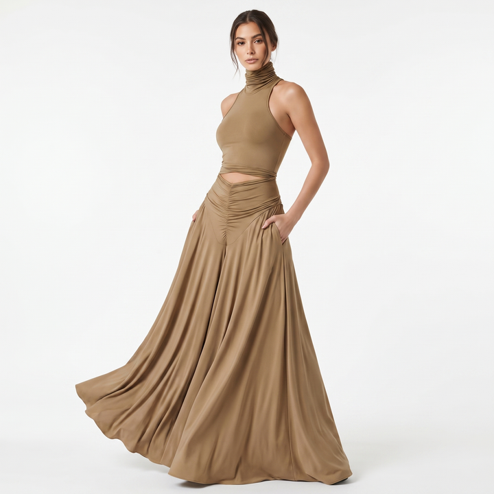 Women's Halter Neck Cut-Out Maxi Dress Ruched Waist Sleeveless Formal